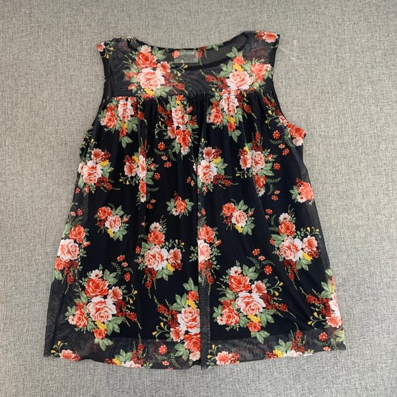 Bobbie & Brooks Floral Sleeveless Blouse Black Orange Chiffon Layer Medium - Picture 10 of 11